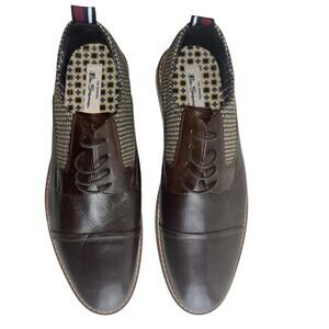NWOT Ben Sherman Brown Leather Cap Toe Oxford with Houndstooth Detail Size 10